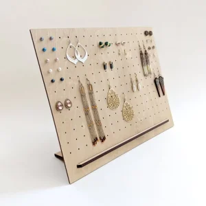 Wooden Pegboard Display Stand for Trade Show Earrings and Jewelry with Tabletop Organizer