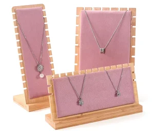 Wooden Pendant Necklace Display Stand with Velvet Fabric, Metal Detail, and Custom Logo