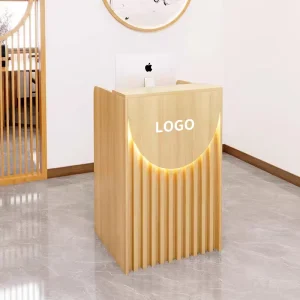 Wooden Reception Desk with Display Shelf Customizable Front Desk Counter for Retail & Hospitality