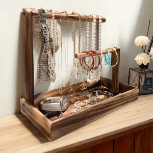 Wooden Rectangular Display Stand for Jewelry, Necklaces, Watches, and Beads