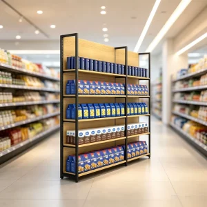 Wooden Supermarket Shelves with Steel-Wood Texture Combination Display Store Shelf