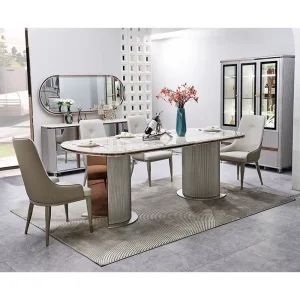 Wooden and Marble Dining Table Set with 4 Chairs, 6-Seater