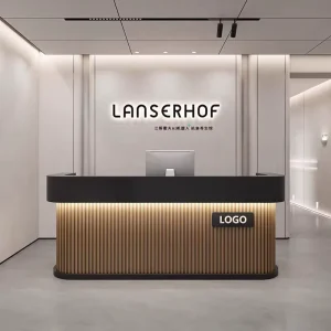 YS-0915 Wood Modern L Shape Reception Counter with LED Light for Beauty Salons Hotels Gyms