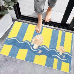 Yellow Blue Striped Absorbent Fluffy Anti-Slip Machine-Washable Floor Mat for Kitchen, Bathroom, Bedroom