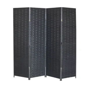and Hand Woven Fiber Black Color Folding Room Divider Screen Partition